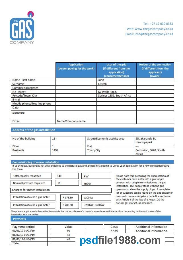 South Africa The GAS Company Gas Utility Bill